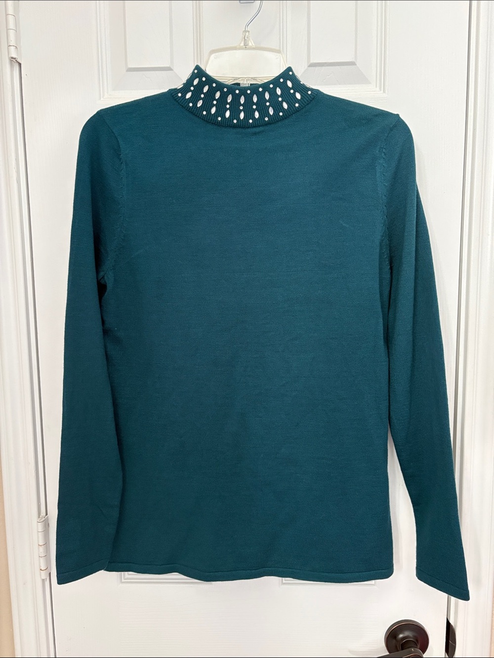 Teal Knit Long-Sleeve Mock Neck Top with Embellished Collar